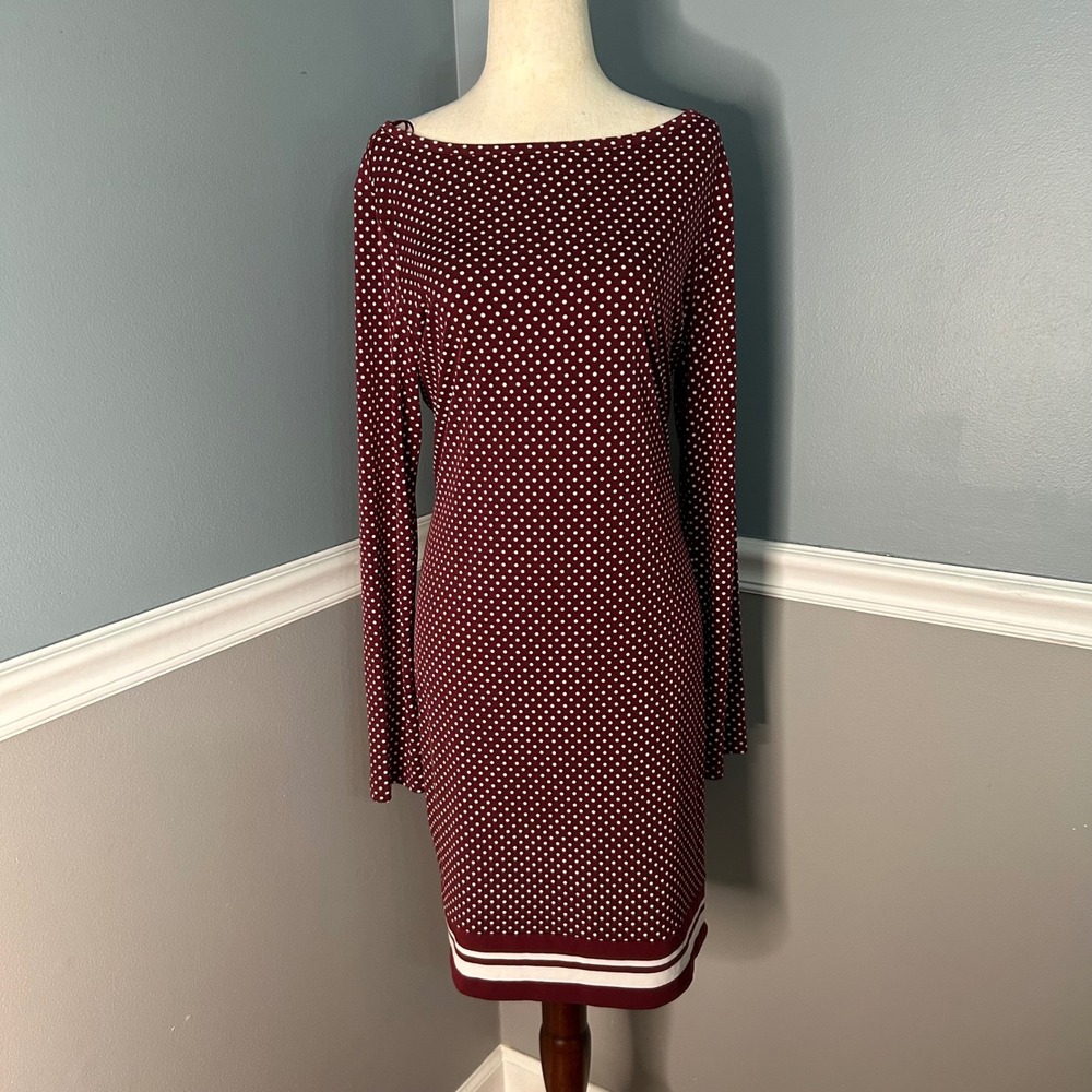 Michael Kors Womens Burgundy Polka Dot Long Sleeve Sheath Dress Size L